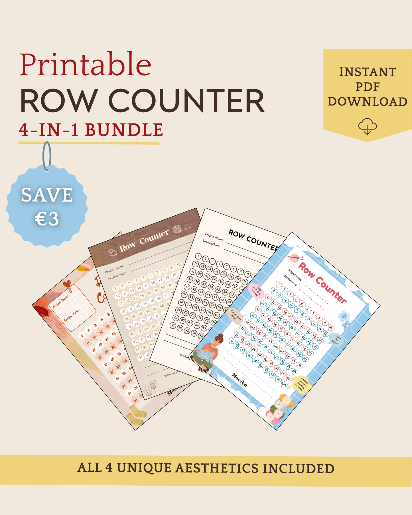 Printable Row Tracker | The Ultimate Row Counter Bundle | 4 Styles in One, US Letter, A4, A5