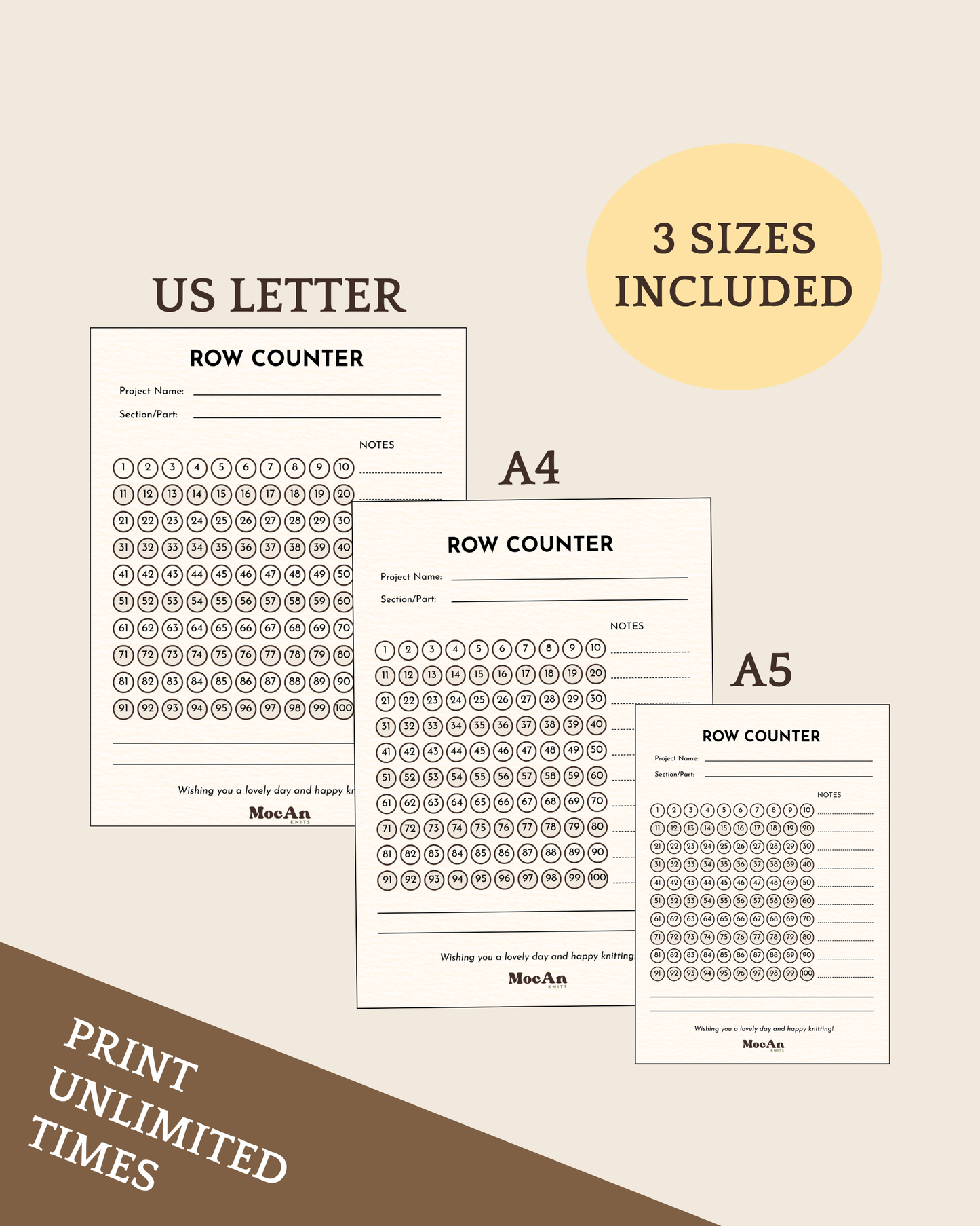 Printable Knitting & Crochet Row Tracker | The Minimal Stitch Row Counter | US Letter, A4, A5