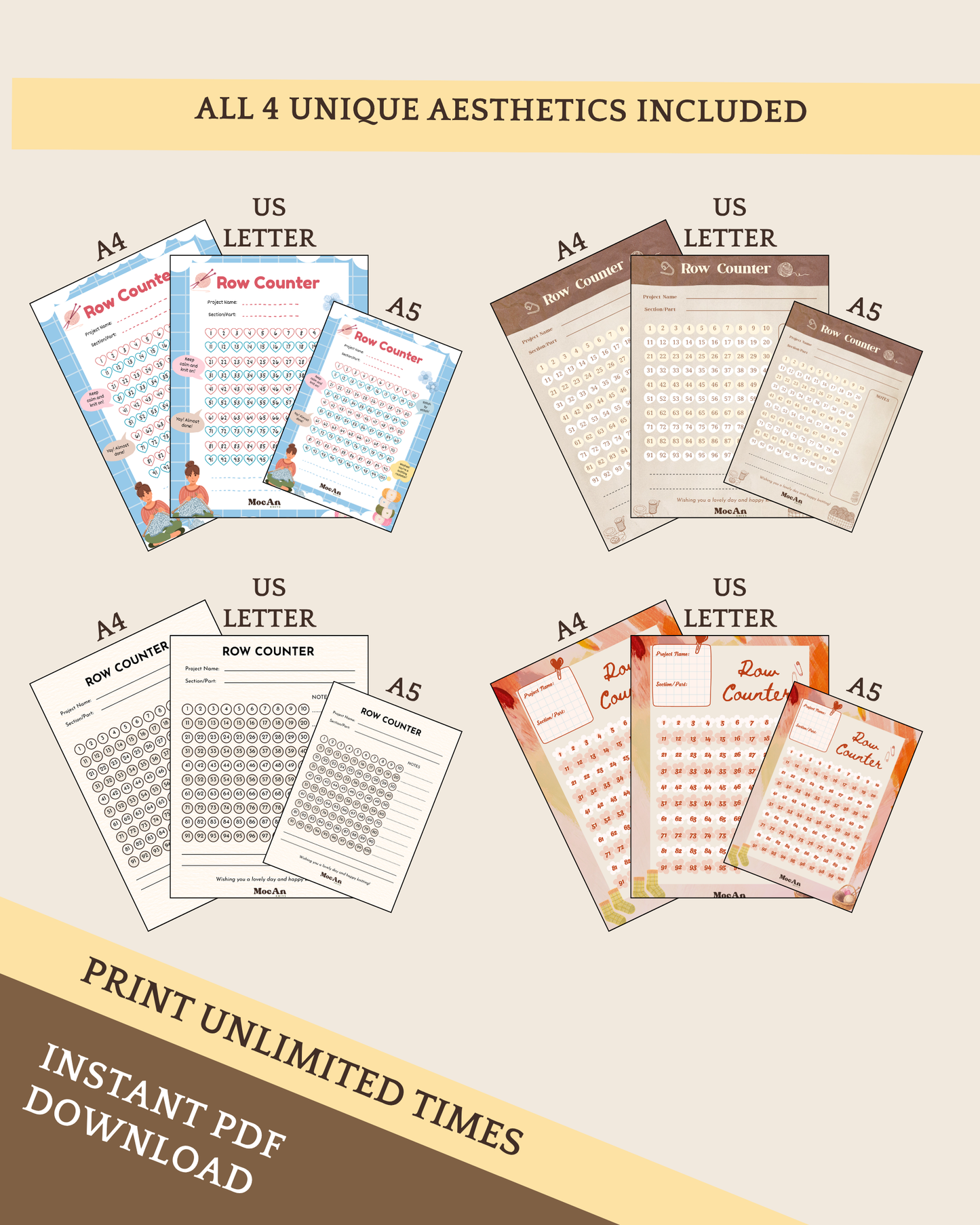 Printable Row Tracker | The Ultimate Row Counter Bundle | 4 Styles in One, US Letter, A4, A5
