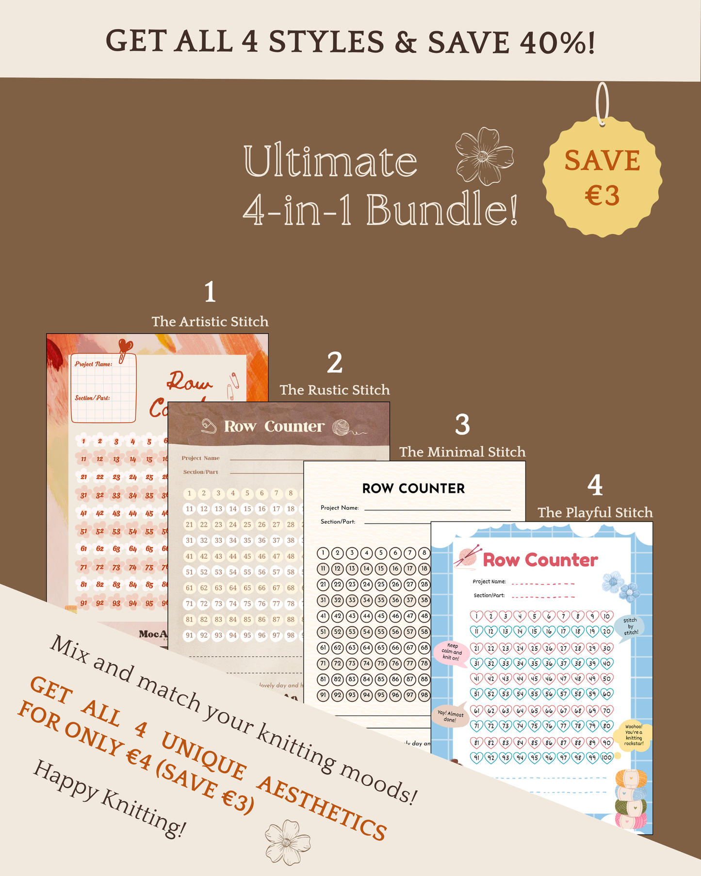 Printable Row Tracker | The Ultimate Row Counter Bundle | 4 Styles in One, US Letter, A4, A5